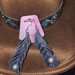 BEAUTUFUL HAND CRAFTED DENIM EARRINGS ON STERLING WIRES WITH PEARL ACCENT